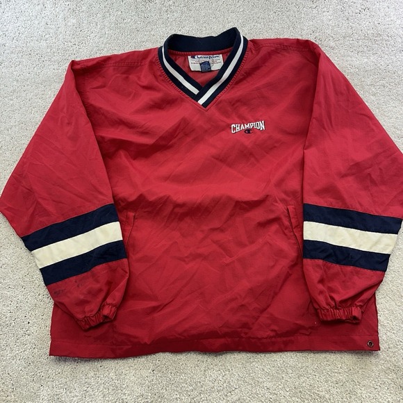 Champion Other - Vintage 90s Champion Nylon V-Neck Pullover Men's L Red Logo Windbreaker